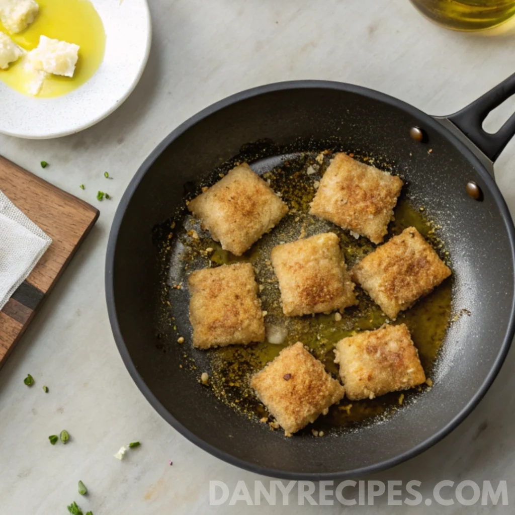 Breaded ravioli frying in olive oil in a skillet until crispy and golden brown