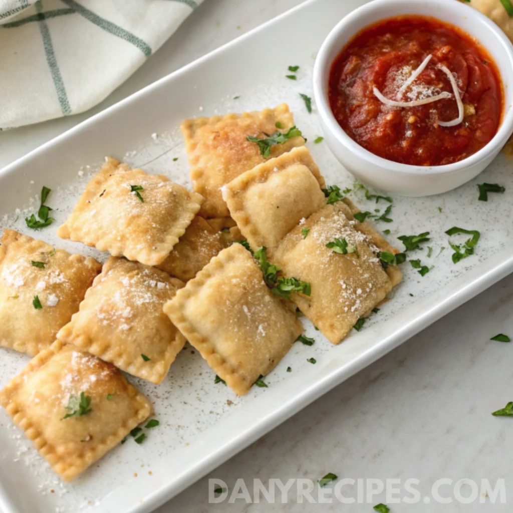 Golden fried ravioli served on a white plate with marinara dipping sauce and fresh parsley