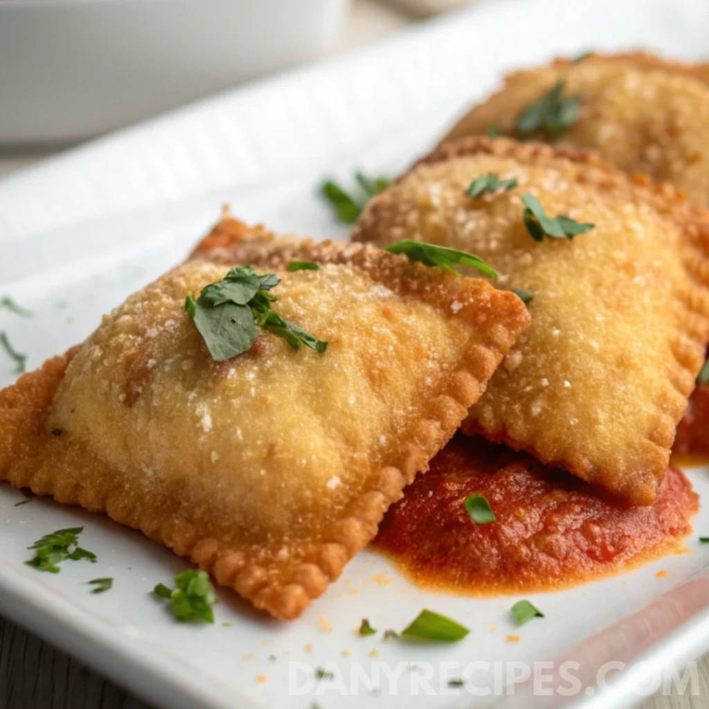 Crispy golden fried ravioli served on marinara sauce and sprinkled with parmesan and parsley