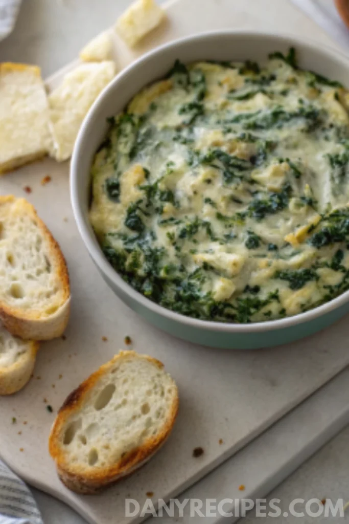 Best Spinach Artichoke Dip Recipe 9 Spinach artichoke dip in a bowl served with toasted garlic bread slices on the side