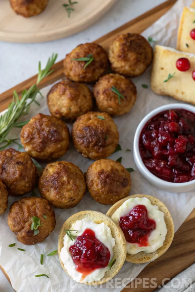 Sausage balls served with cranberry sauce, fresh herbs, and holiday biscuits on a festive board.
