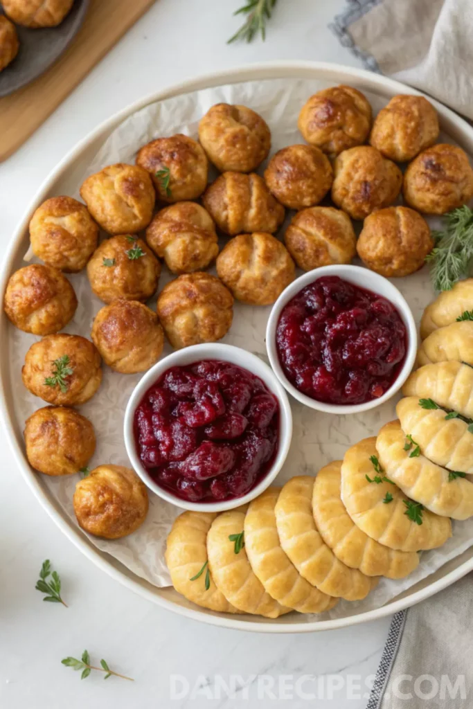 Best Sausage Cheese Balls Recipe 29 Holiday platter featuring sausage balls, puff pastry bites, and bowls of cranberry sauce.