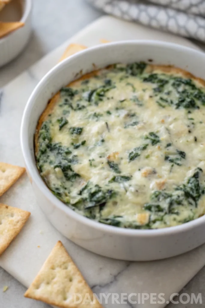 Best Spinach Artichoke Dip Recipe 7 Lighter spinach artichoke dip served in a white ramekin with crackers on a marble board