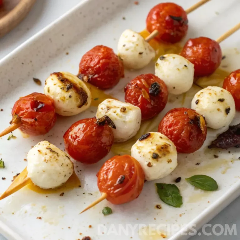 Mini Caprese skewers with roasted cherry tomatoes and mozzarella balls drizzled with olive oil and herbs.