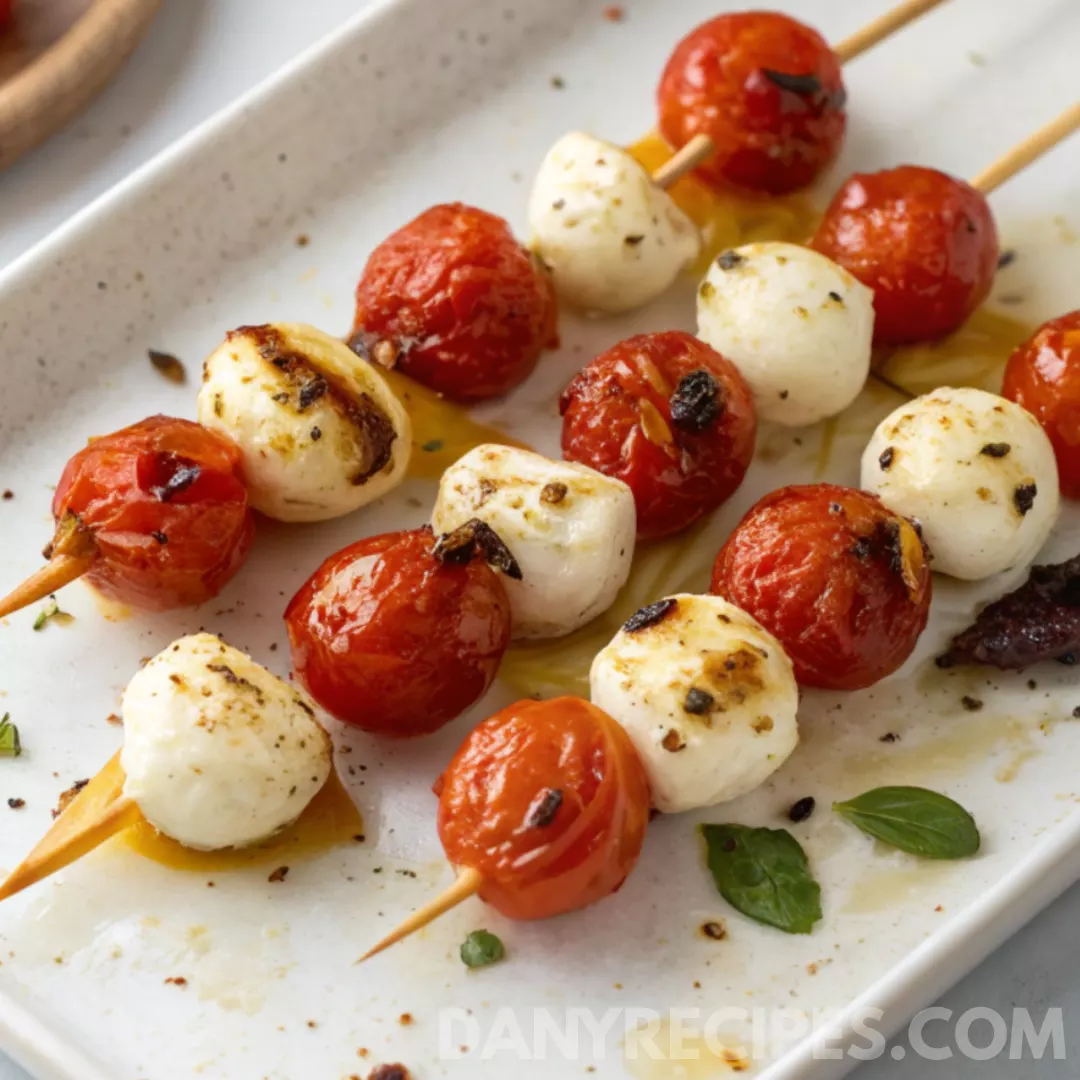 Mini Caprese skewers with roasted cherry tomatoes and mozzarella balls drizzled with olive oil and herbs.