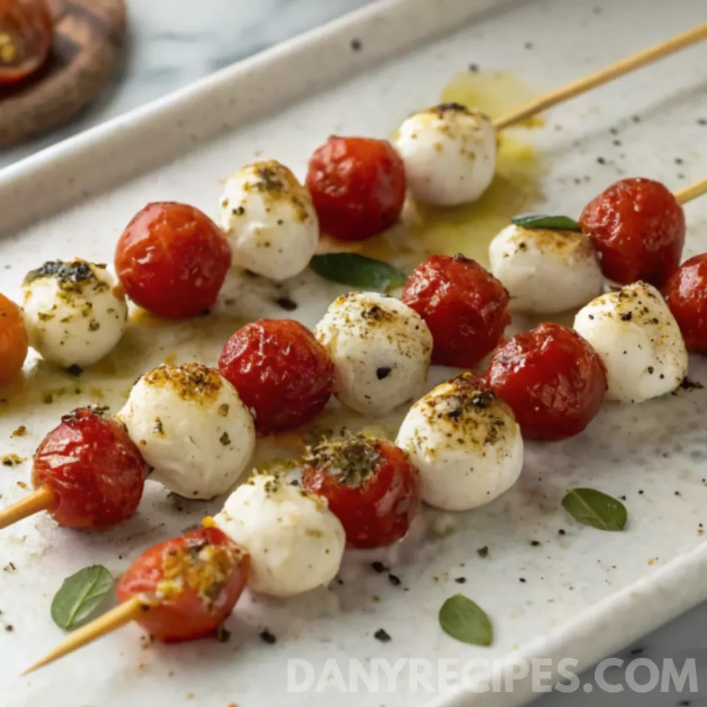 Best Mini Caprese Skewers Recipe 17 Grilled mini caprese skewers with cherry tomatoes, mozzarella balls, herbs, and olive oil on a white plate.