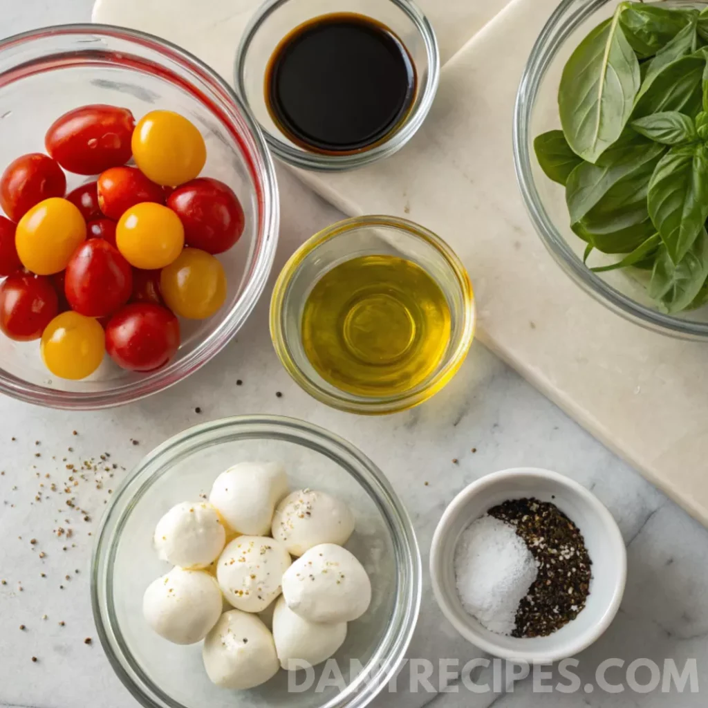 Best Mini Caprese Skewers Recipe 12 Ingredients for mini caprese skewers including cherry tomatoes, mozzarella balls, fresh basil, olive oil, balsamic vinegar, salt, and pepper.