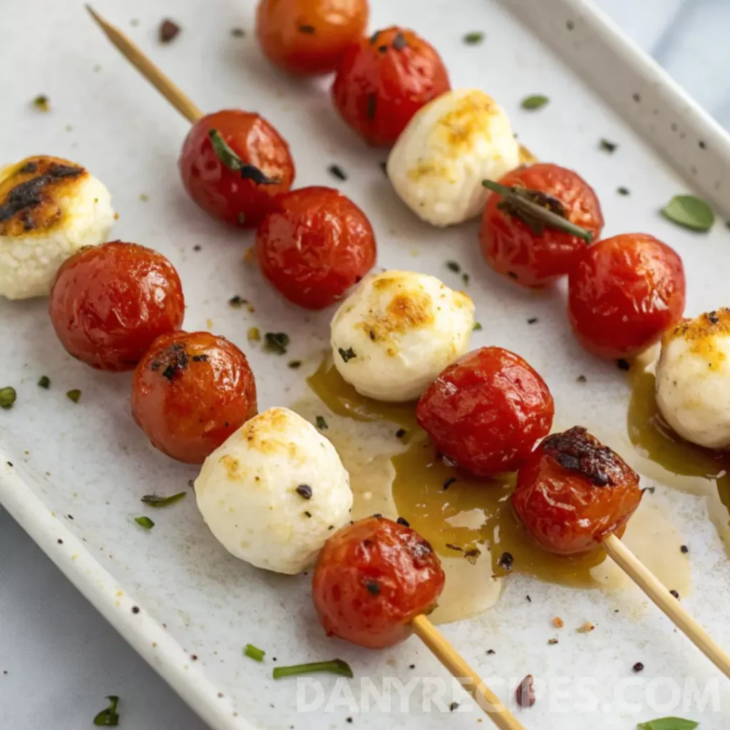 Best Mini Caprese Skewers Recipe 18 Roasted cherry tomato and mozzarella skewers served on a white plate with herb seasoning.
