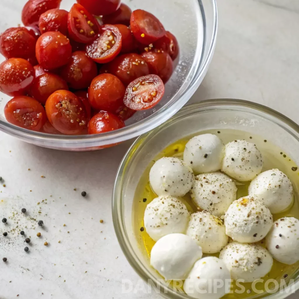 Best Mini Caprese Skewers Recipe 13 Cherry tomatoes and mozzarella balls seasoned with salt and pepper in glass bowls.