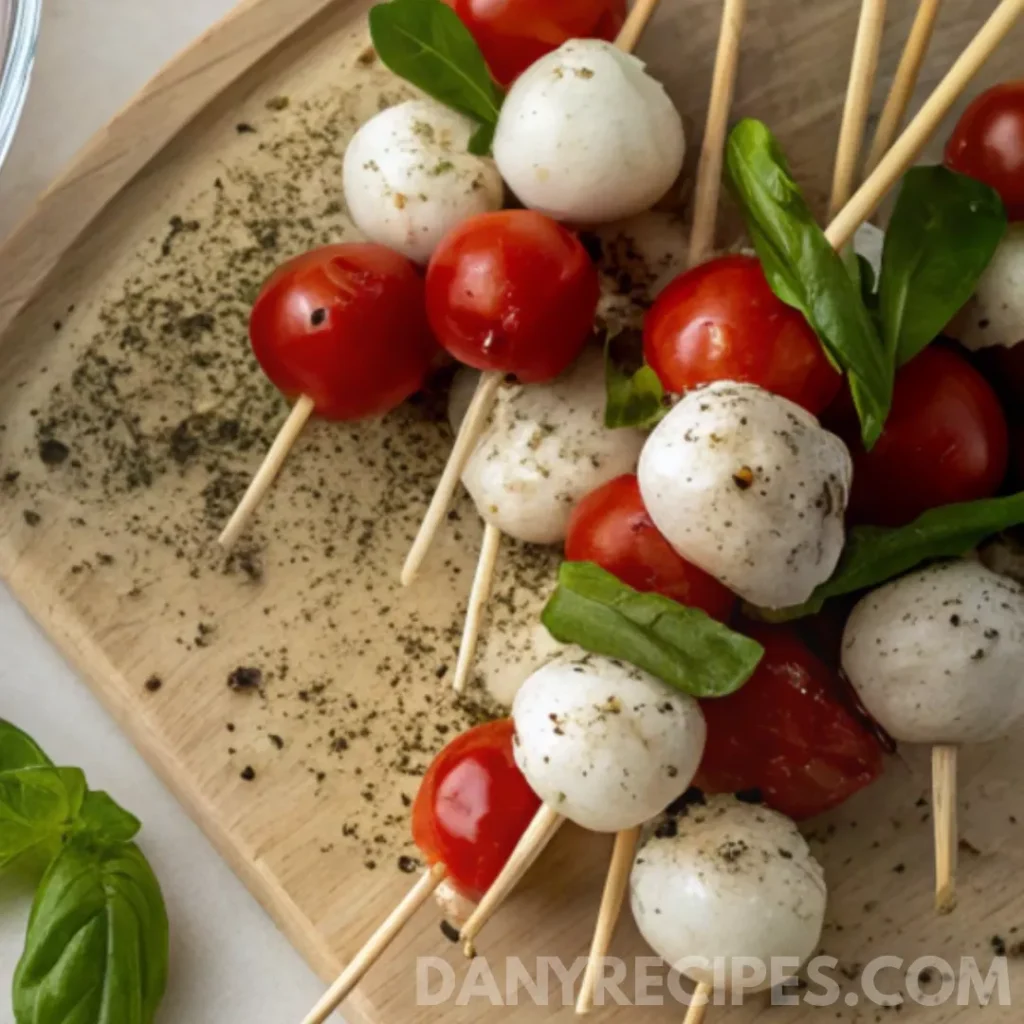 Best Mini Caprese Skewers Recipe 14 Wooden skewers with mozzarella balls, cherry tomatoes, and fresh basil on a board.
