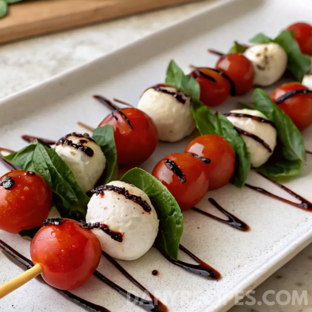 Best Mini Caprese Skewers Recipe 15 Caprese skewers with mozzarella, cherry tomatoes, and basil drizzled with balsamic glaze on a plate.