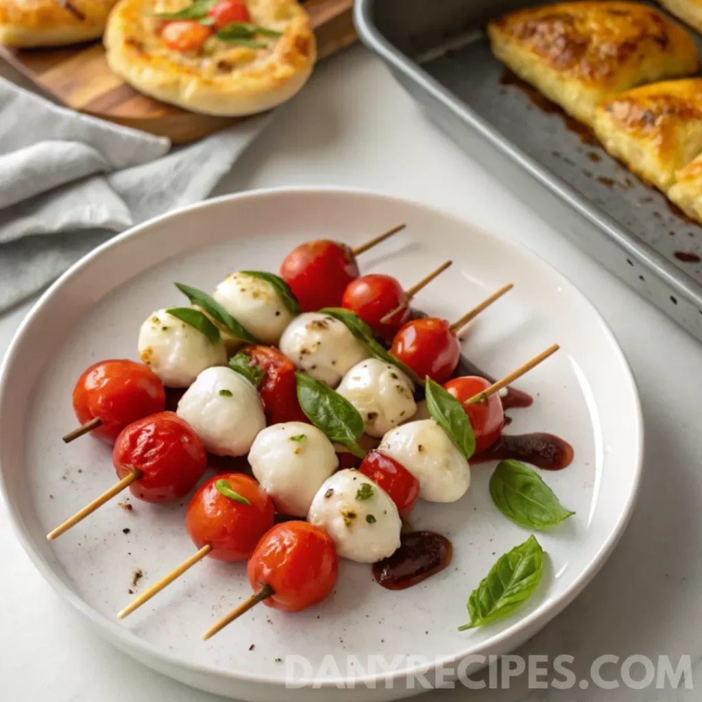 Best Mini Caprese Skewers Recipe 16 Caprese skewers with mozzarella, tomatoes, and basil served on a white plate with balsamic glaze.