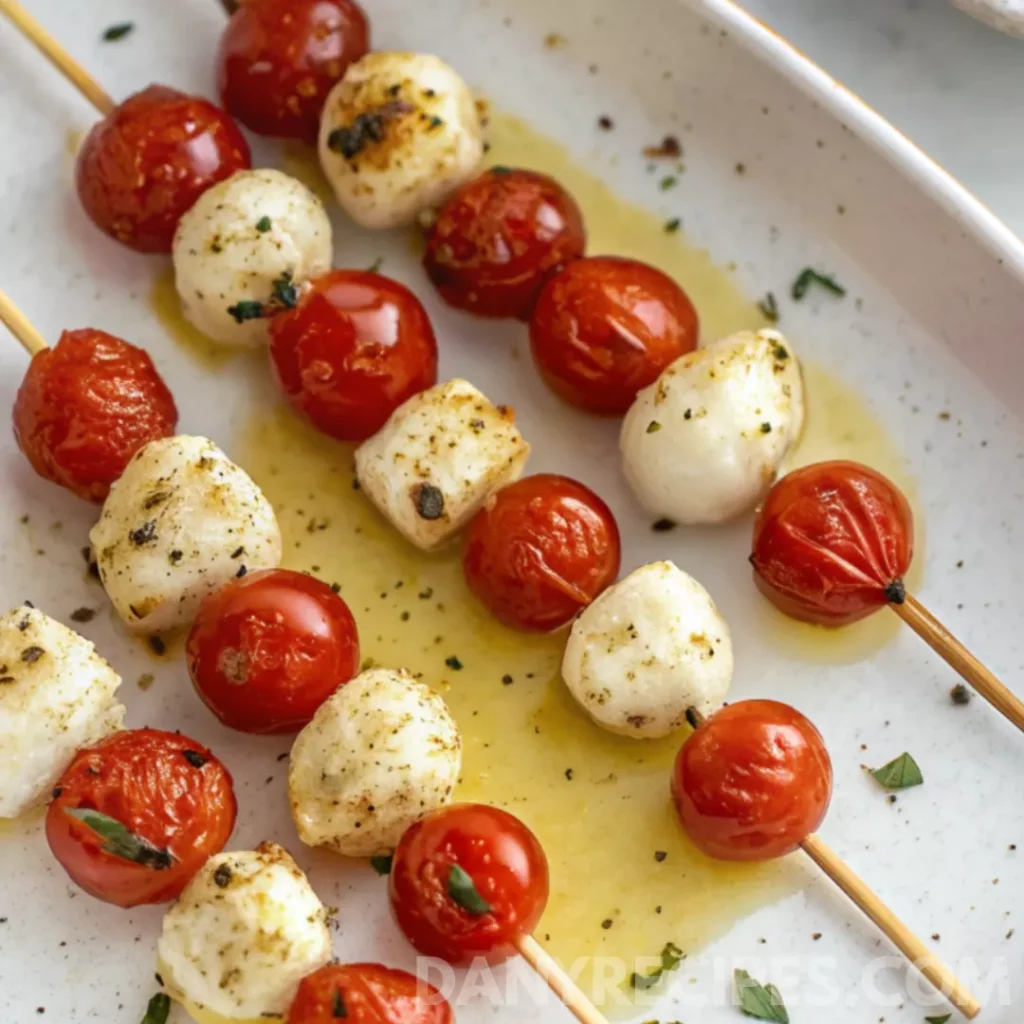 Best Mini Caprese Skewers Recipe 10 Skewers of cherry tomatoes and mozzarella balls drizzled with olive oil and sprinkled with herbs.