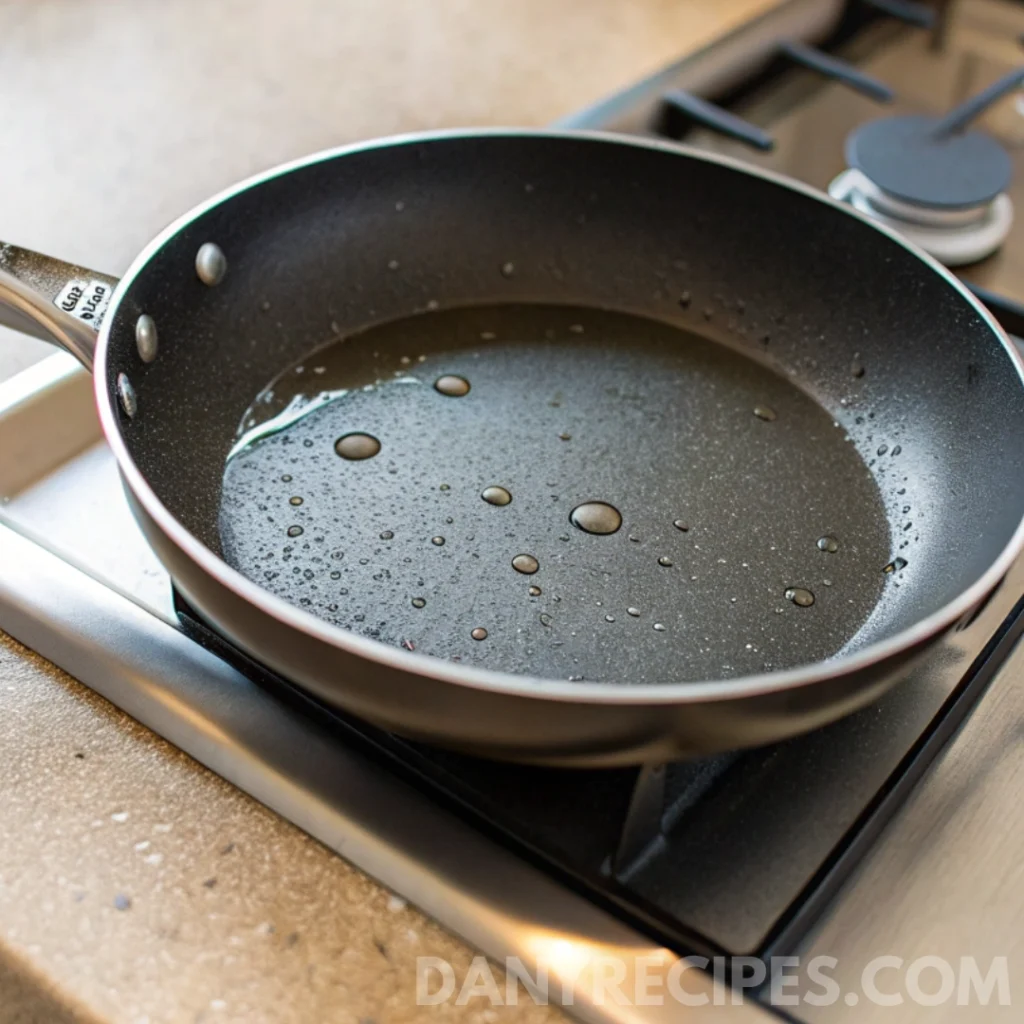 A skillet on a stovetop with a thin layer of oil heating up before cooking the prosciutto.