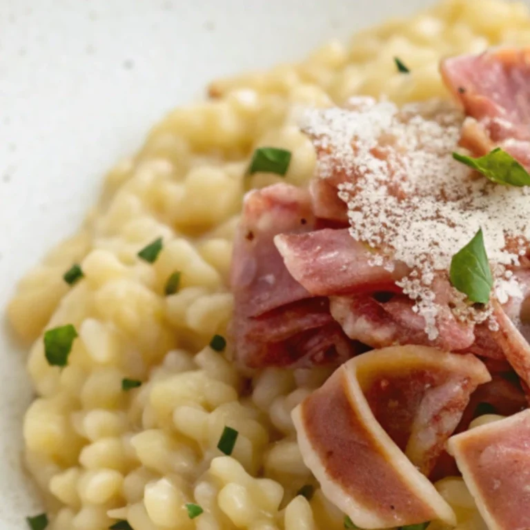 Creamy Pastina with Prosciutto pieces and grated cheese