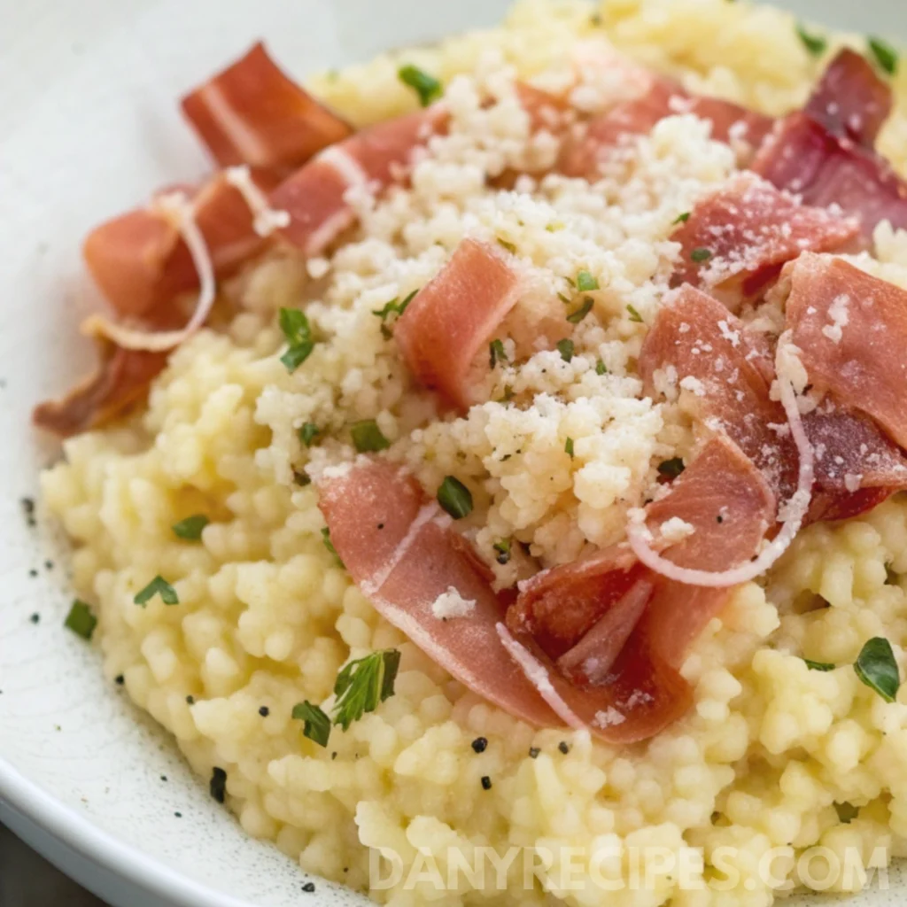 Best Pastina with Prosciutto Recipe 15 Creamy bowl of Pastina with Prosciutto topped with grated parmesan and fresh herbs