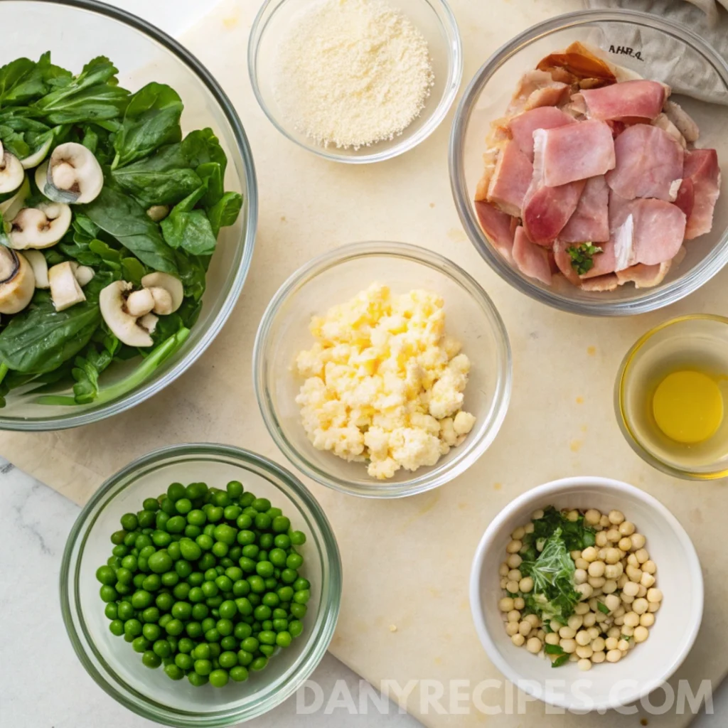 Best Pastina with Prosciutto Recipe 10 Fresh ingredients for Pastina with Prosciutto including peas, spinach, mushrooms, prosciutto, cheese, and olive oil arranged in glass bowls