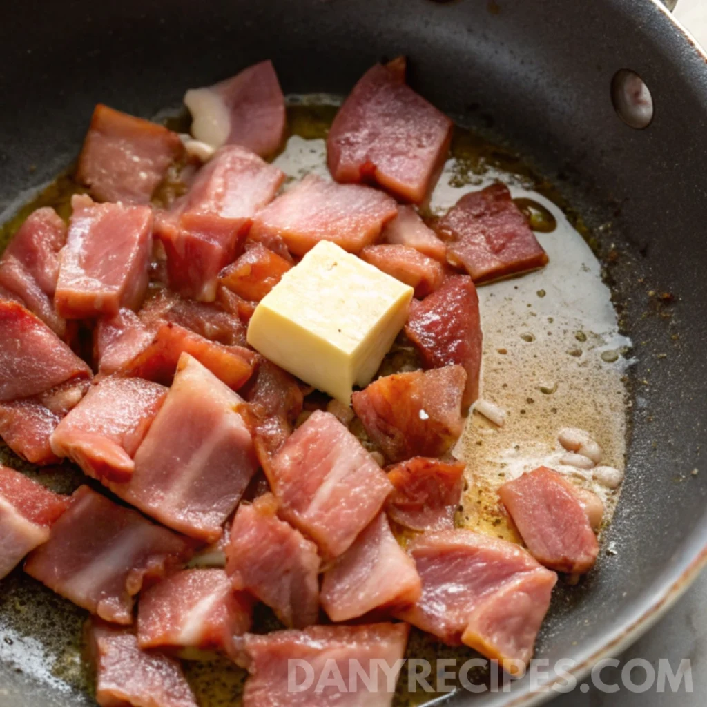 Best Pastina with Prosciutto Recipe 11 Cubes of prosciutto sizzling in a skillet with a pat of butter melting in the center