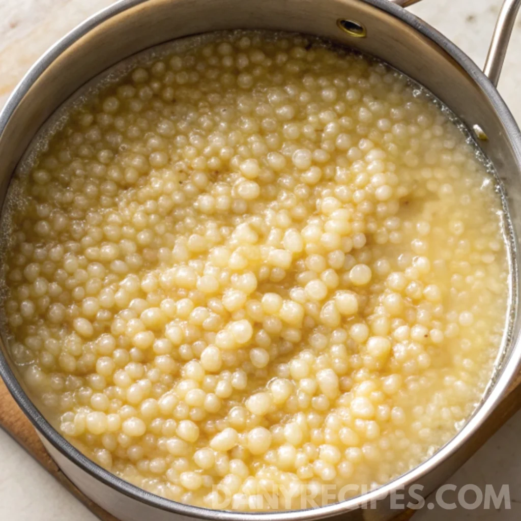 Best Pastina with Prosciutto Recipe 12 A pot filled with small pasta pearls simmering in broth for the Pastina with Prosciutto recipe