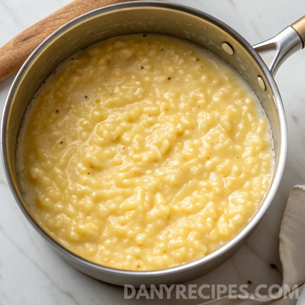 Best Pastina with Prosciutto Recipe 13 Creamy cooked pastina in a saucepan with a smooth, cheesy texture for the Pastina with Prosciutto recipe