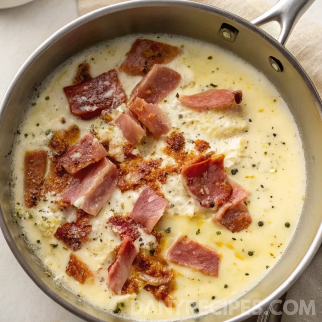 Best Pastina with Prosciutto Recipe 14 Creamy pastina topped with crispy prosciutto pieces and melted cheese in a pan