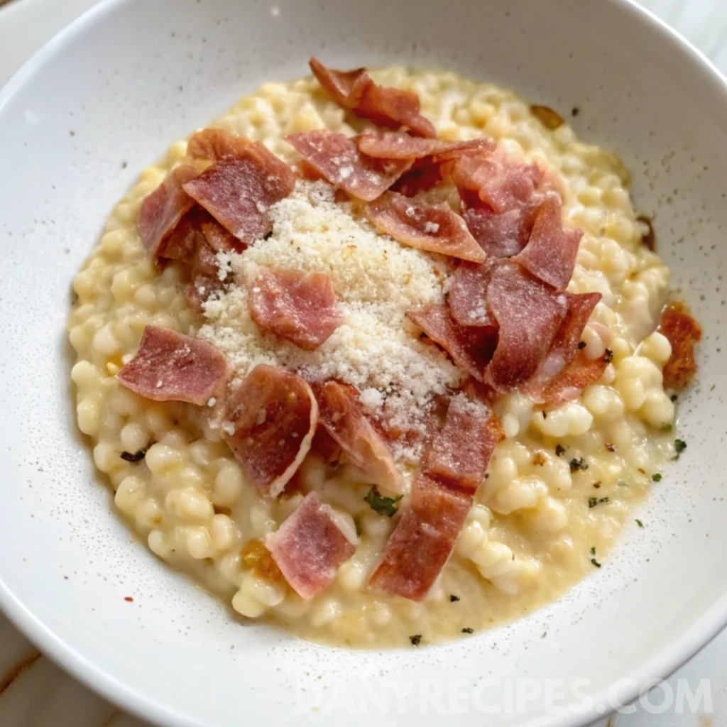 Best Pastina with Prosciutto Recipe 9 Close-up of a creamy bowl of Pastina with Prosciutto topped with crispy prosciutto pieces and grated parmesan cheese