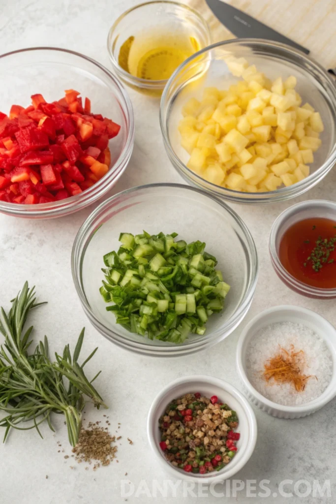 Best pepper jelly Recipe 11 Chopped red peppers, pineapple, cucumber, and assorted herbs and spices in glass bowls for making pepper jelly.