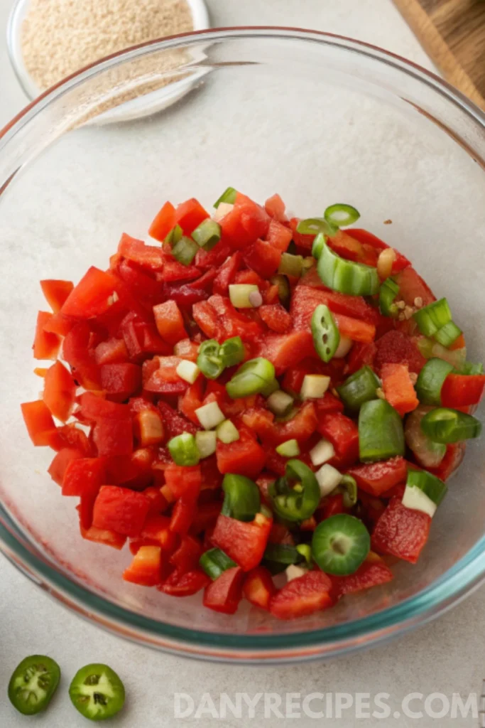 Best pepper jelly Recipe 12 Chopped red bell peppers and sliced green chilies in a glass mixing bowl on a light counter.
