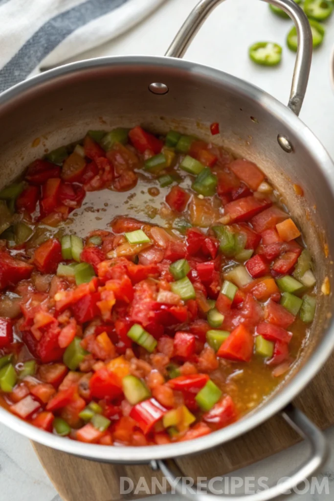 Best pepper jelly Recipe 13 Chopped red and green peppers cooking in a stainless steel pot with liquid on a stove.