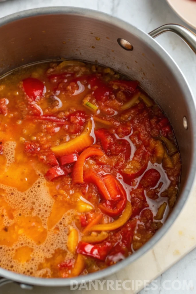 Best pepper jelly Recipe 14 Simmering pot of softened red and yellow peppers in thick, bubbling liquid during jelly preparation.