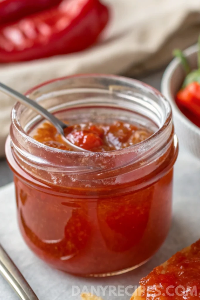 Best pepper jelly Recipe 15 Jar filled with freshly cooked red pepper jelly and a spoon, set beside a slice of jelly-topped bread.
