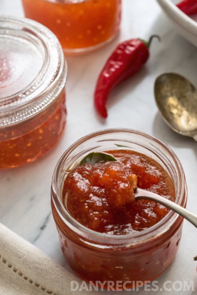 Best pepper jelly Recipe 16 Jar of thick red pepper jelly with a spoon scooping some out, surrounded by chili peppers and sealed jars.