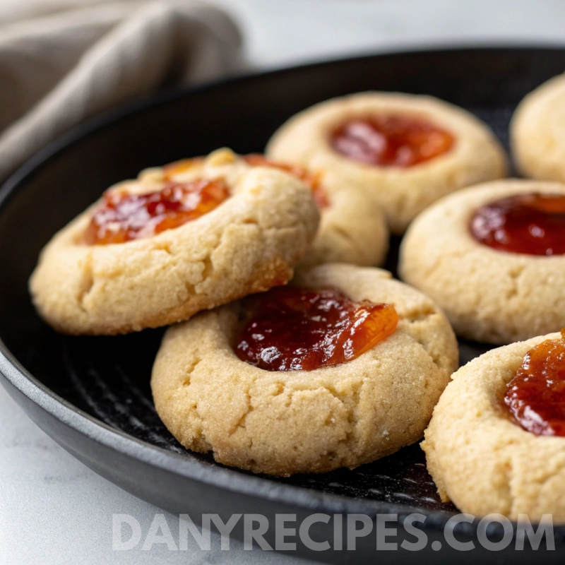 Plate of golden thumbprint cookies filled with glossy red pepper jelly