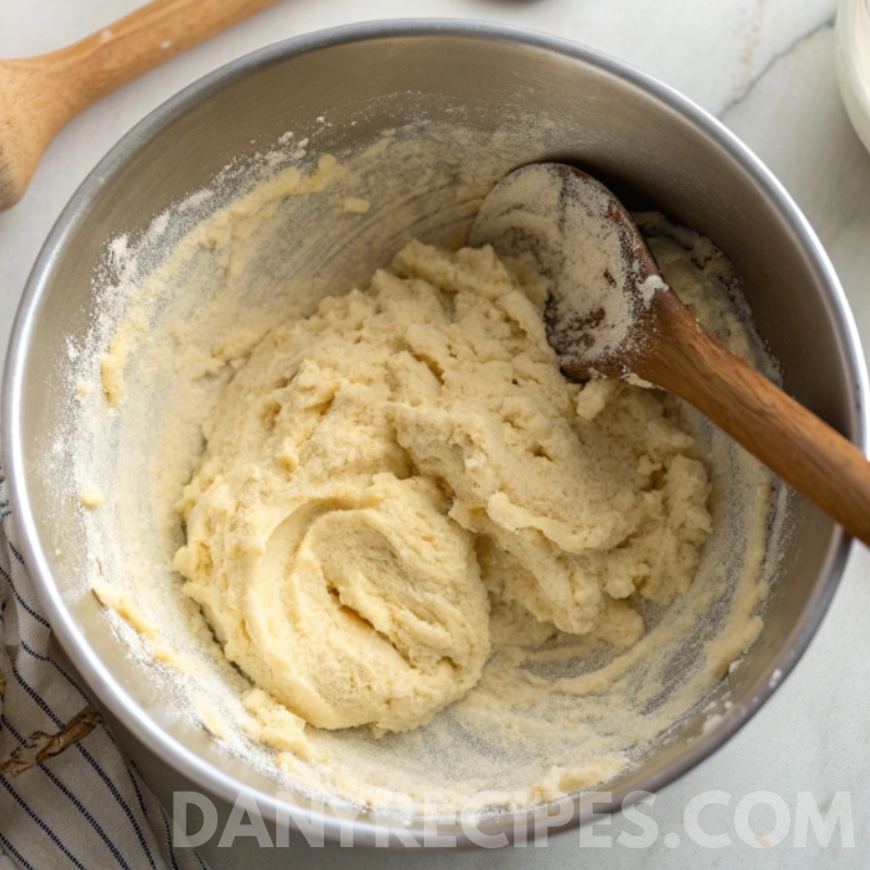 Cookie dough in a mixing bowl with a wooden spoon after blending flour and vanilla