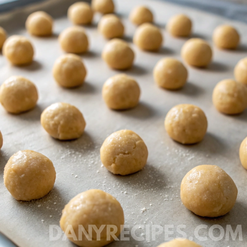 Cookie dough balls evenly spaced on a parchment-lined baking sheet