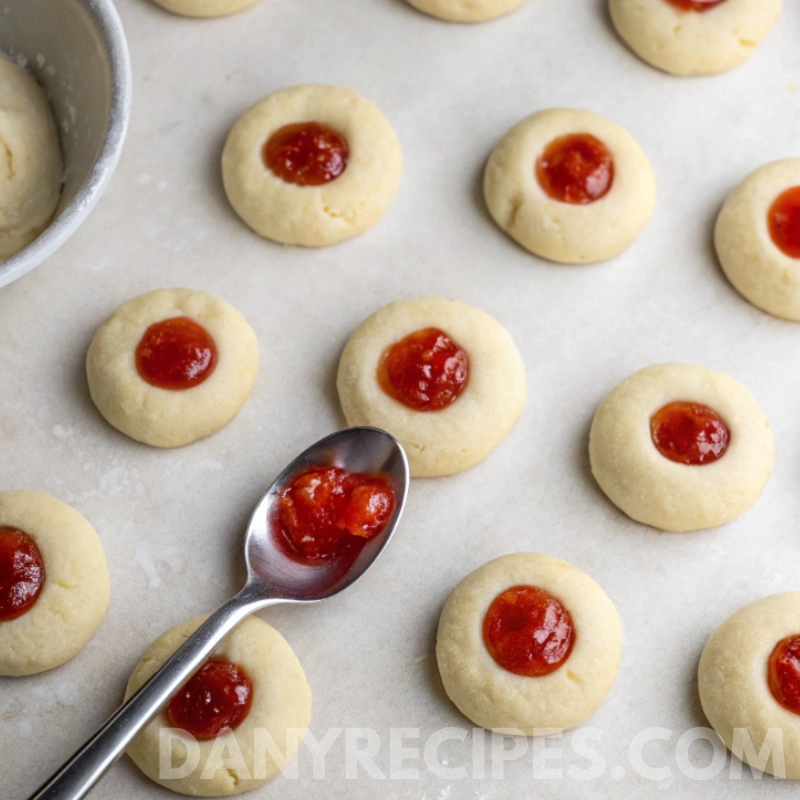 Unbaked thumbprint cookies filled with red pepper jelly on a baking sheet