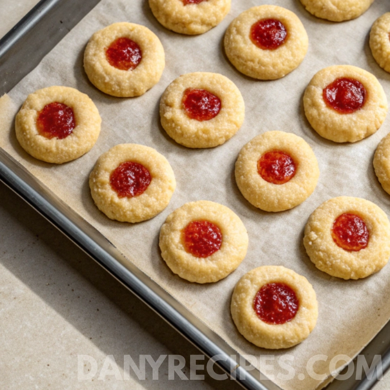 Tray of baked thumbprint cookies with golden edges and red pepper jelly centers