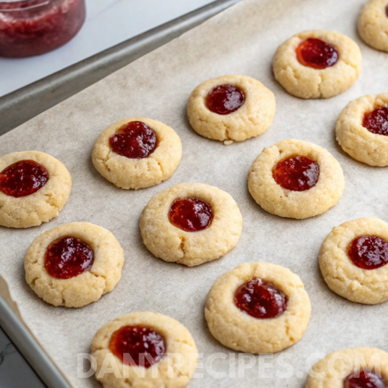 Baked thumbprint cookies cooling on a parchment-lined baking tray