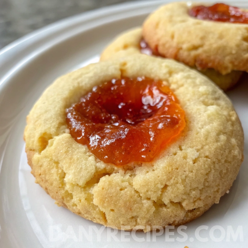 Close-up of buttery thumbprint cookies filled with glistening pepper jelly on a white plate