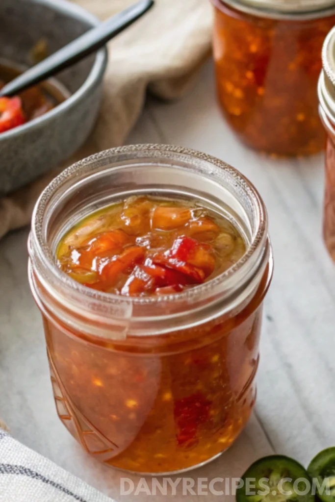 Best pepper jelly Recipe 9 Close-up of a mason jar filled with homemade pepper jelly, surrounded by other jars and fresh jalapeño slices.