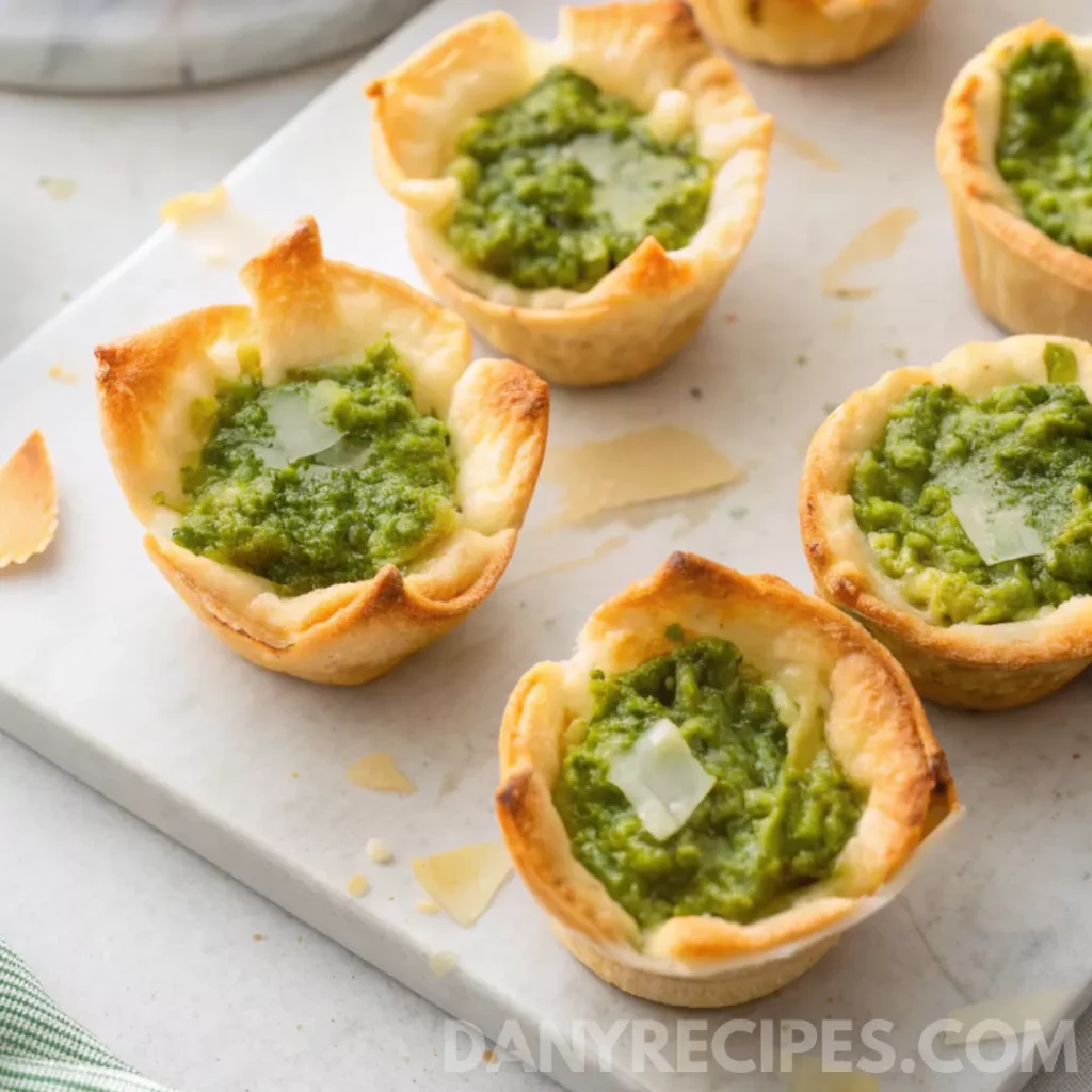 Golden baked pastry cups filled with vibrant green pesto and topped with shaved Parmesan.