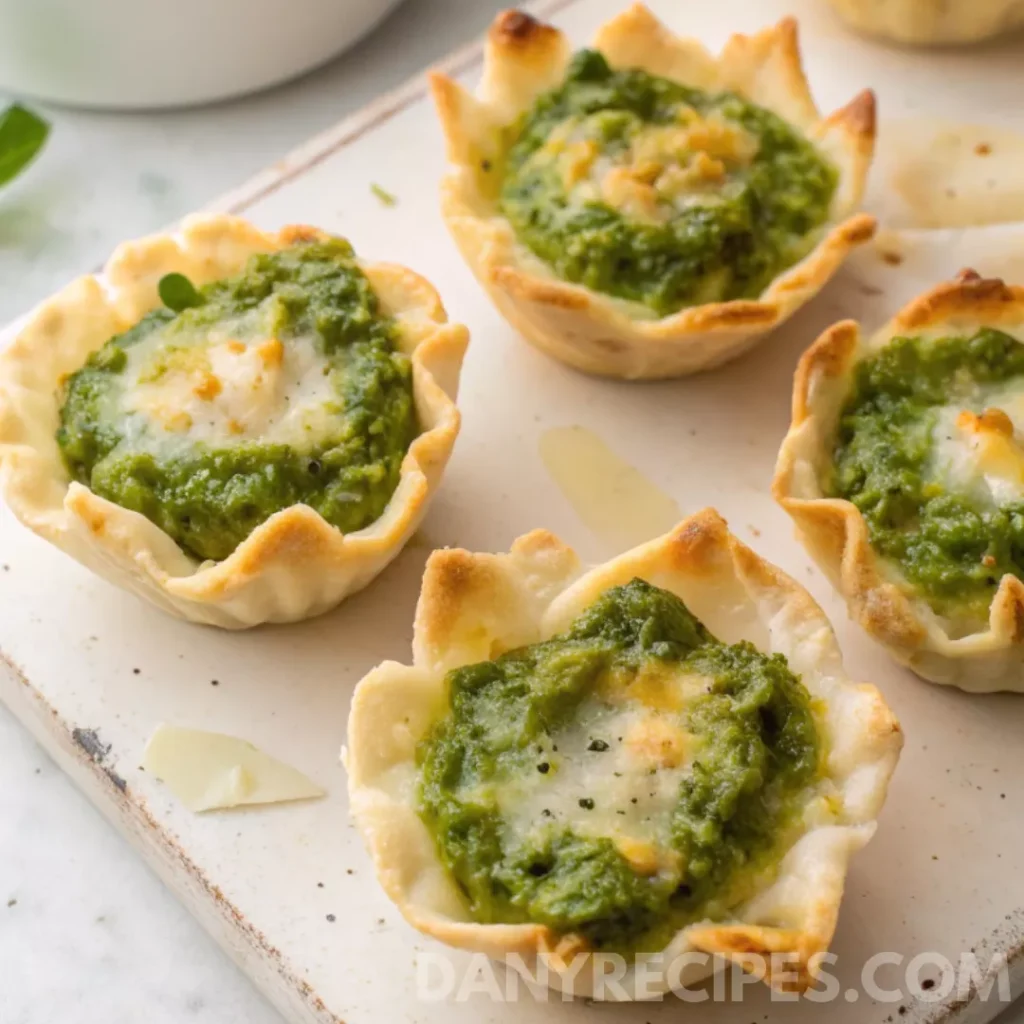 Pesto-filled pastry cups baked with a golden cheese topping on a white plate.