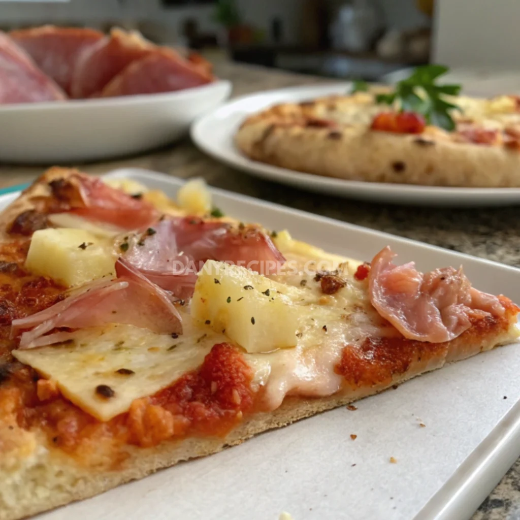 Slice of prosciutto Hawaiian pizza with pineapple and melted cheese on a plate