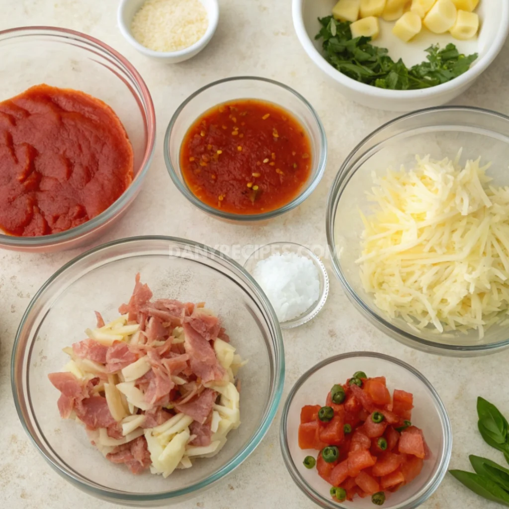 Bowls of ingredients for making prosciutto Hawaiian pizza, including tomato sauce, cheese, prosciutto, and pineapple
