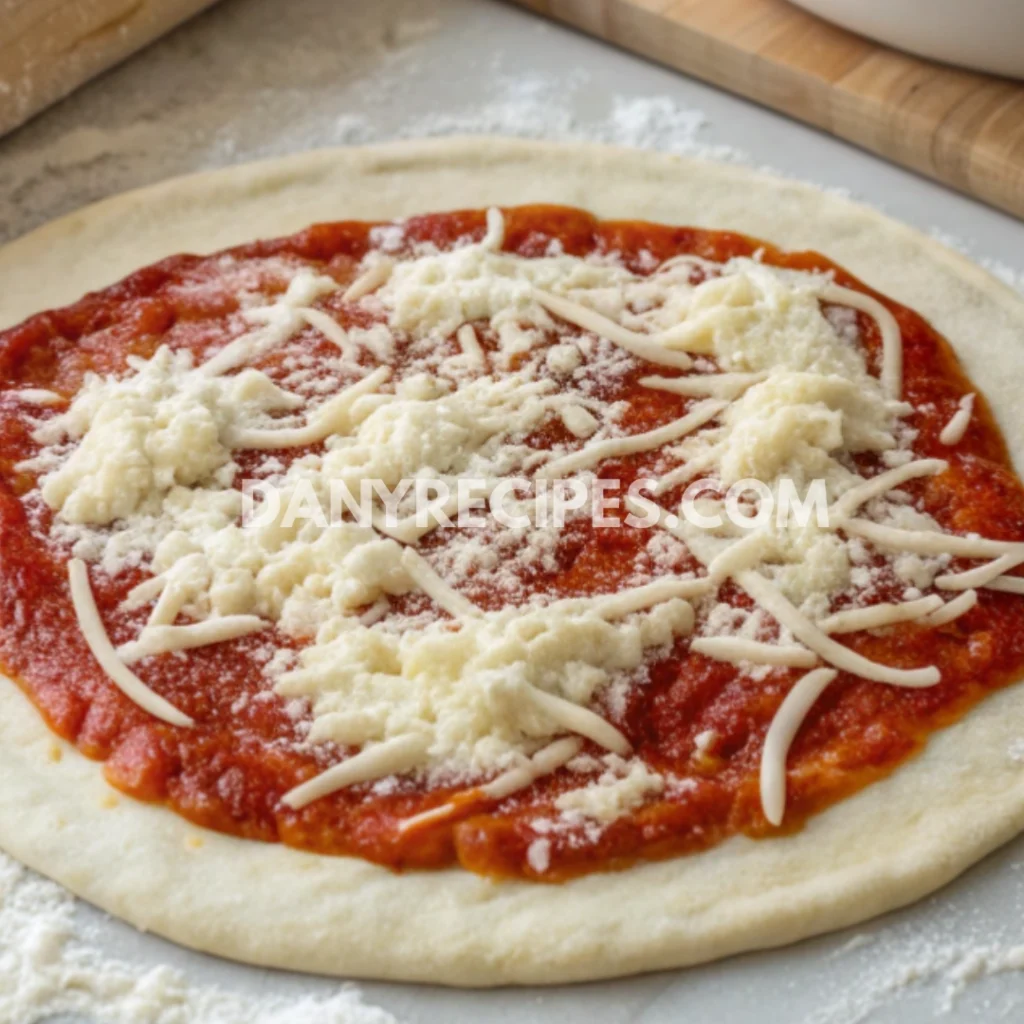 Pizza dough topped with tomato sauce and shredded mozzarella cheese