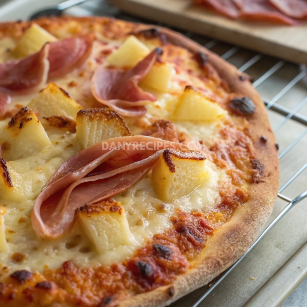 Baked Hawaiian pizza with golden cheese, pineapple, and prosciutto on a cooling rack