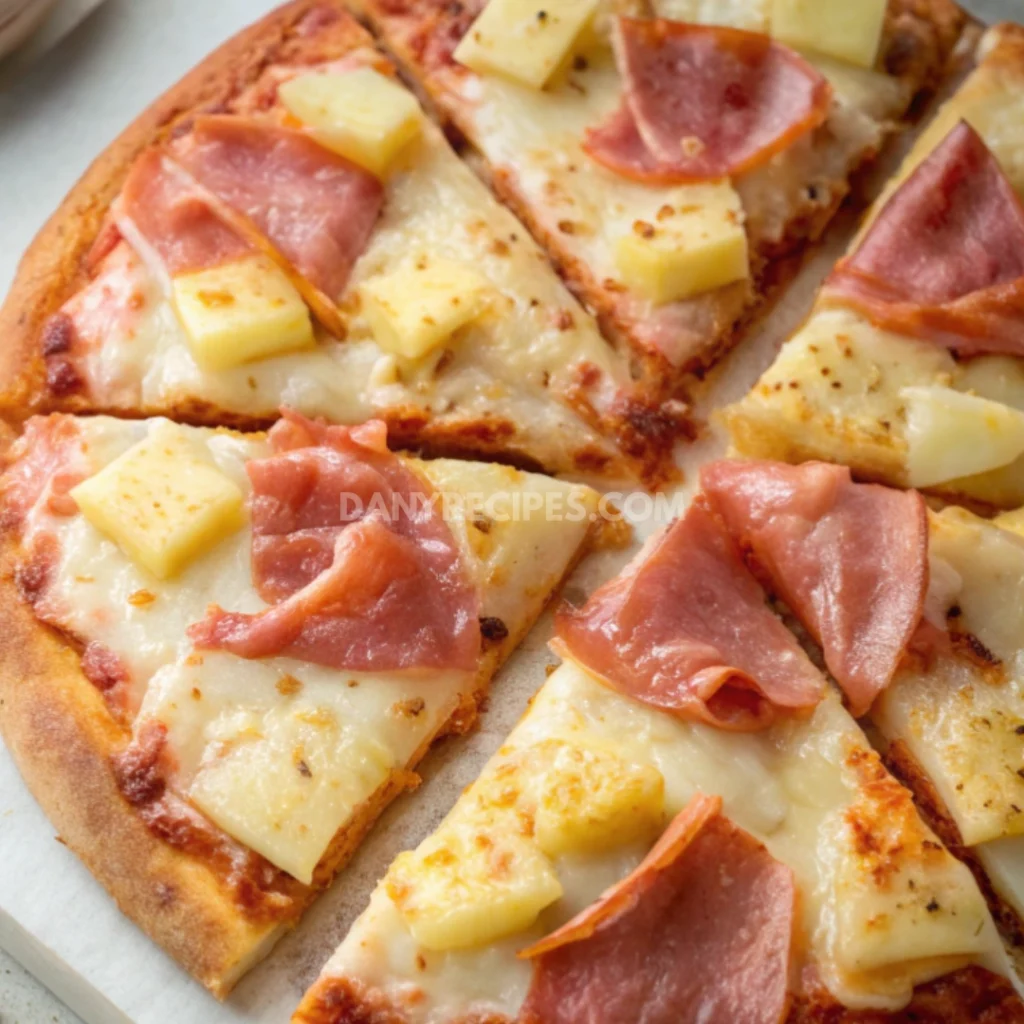 Sliced Hawaiian pizza with pineapple chunks and prosciutto on a cutting board