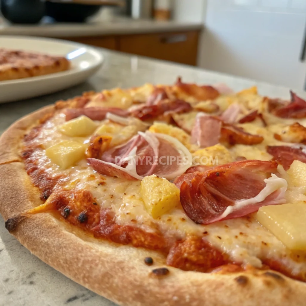 Close-up of Hawaiian pizza topped with prosciutto, pineapple, and melted cheese