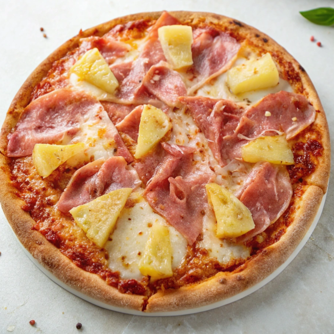 Hawaiian pizza topped with prosciutto slices and pineapple chunks on a golden crust