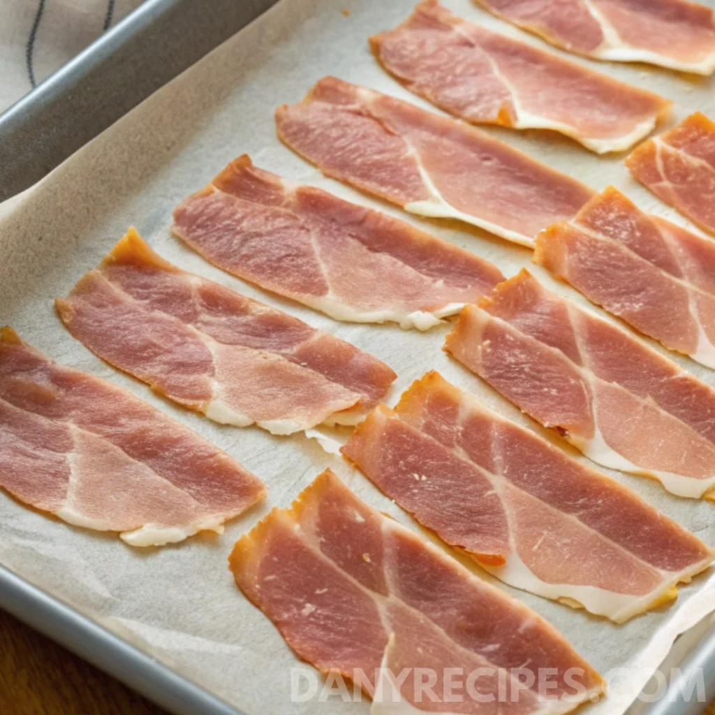 Prosciutto slices arranged on a baking sheet lined with parchment paper for oven cooking